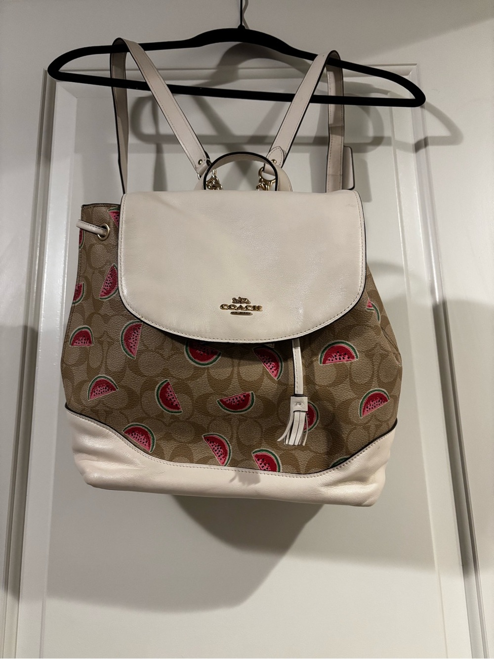 Coach Beige Signature Canvas Backpack with White Leather & Watermelon Print